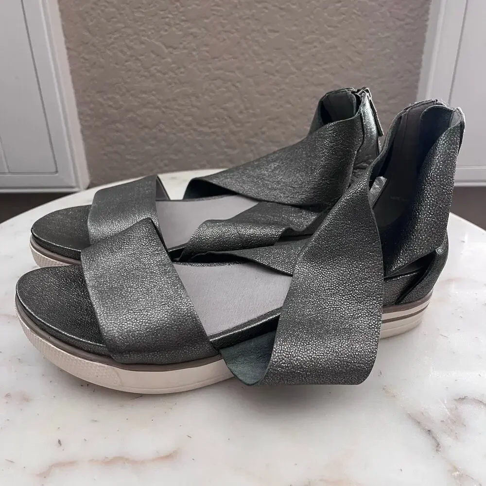 Eileen Fisher Sport Tumbled Leather Sneaker Sandal Metallic Silver Gray 6.5 Zip